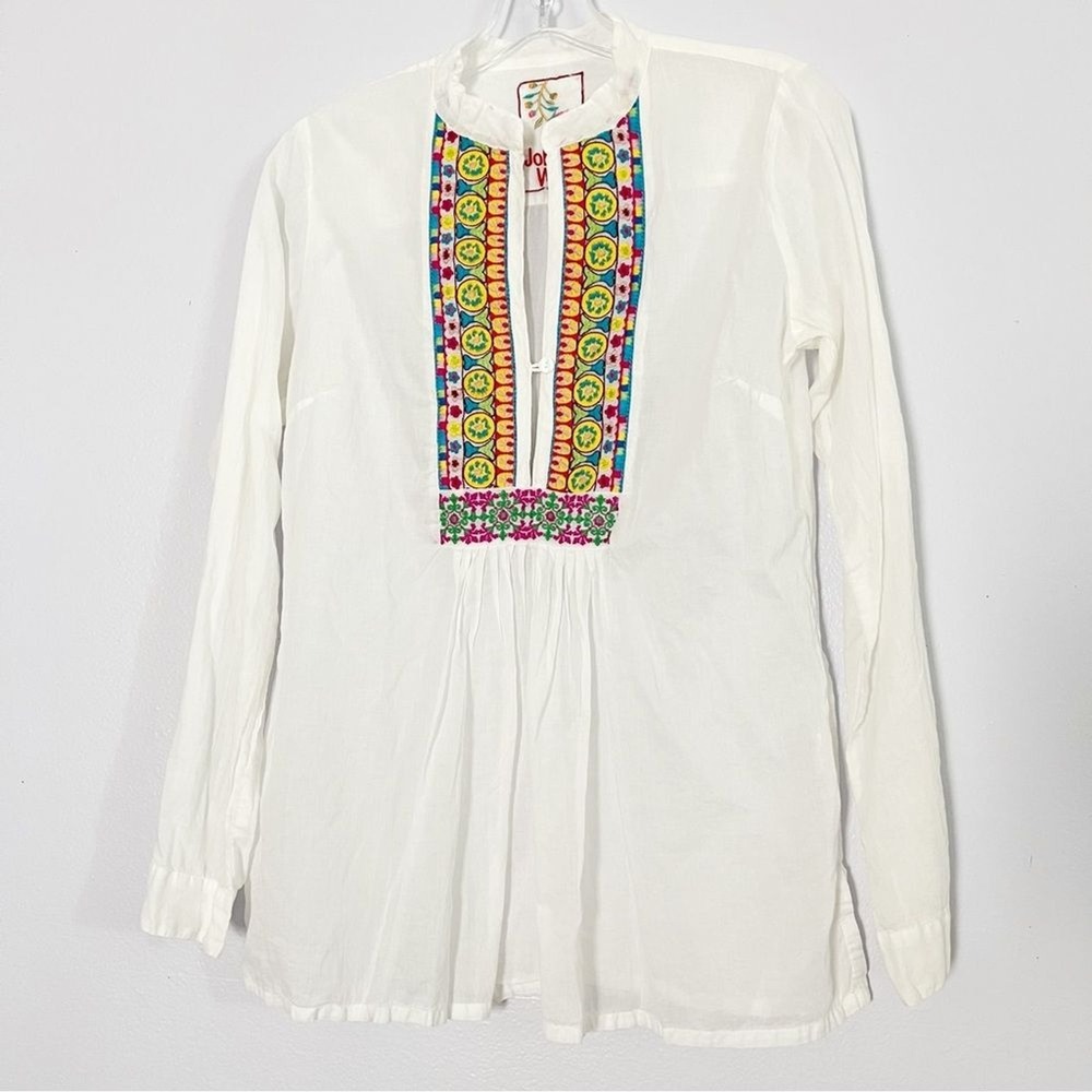Johnny Was Tunic Top White Embroidered Long Sleeve Cotton - XSmall